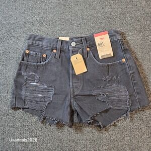 Levis 501 Original High Rise Distressed Denim Shorts Washed Black 26 NWT